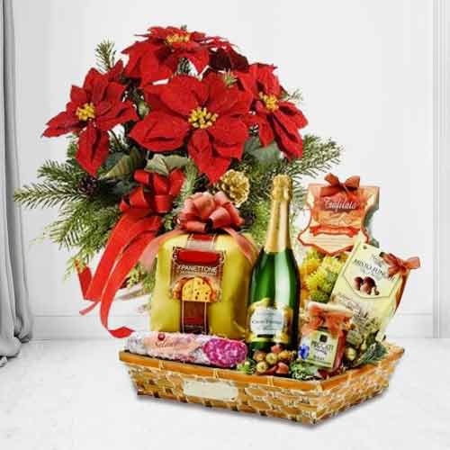 Red Poinsettia with Sweets and Savory-Chrimas Flowers and Chocolates Italy